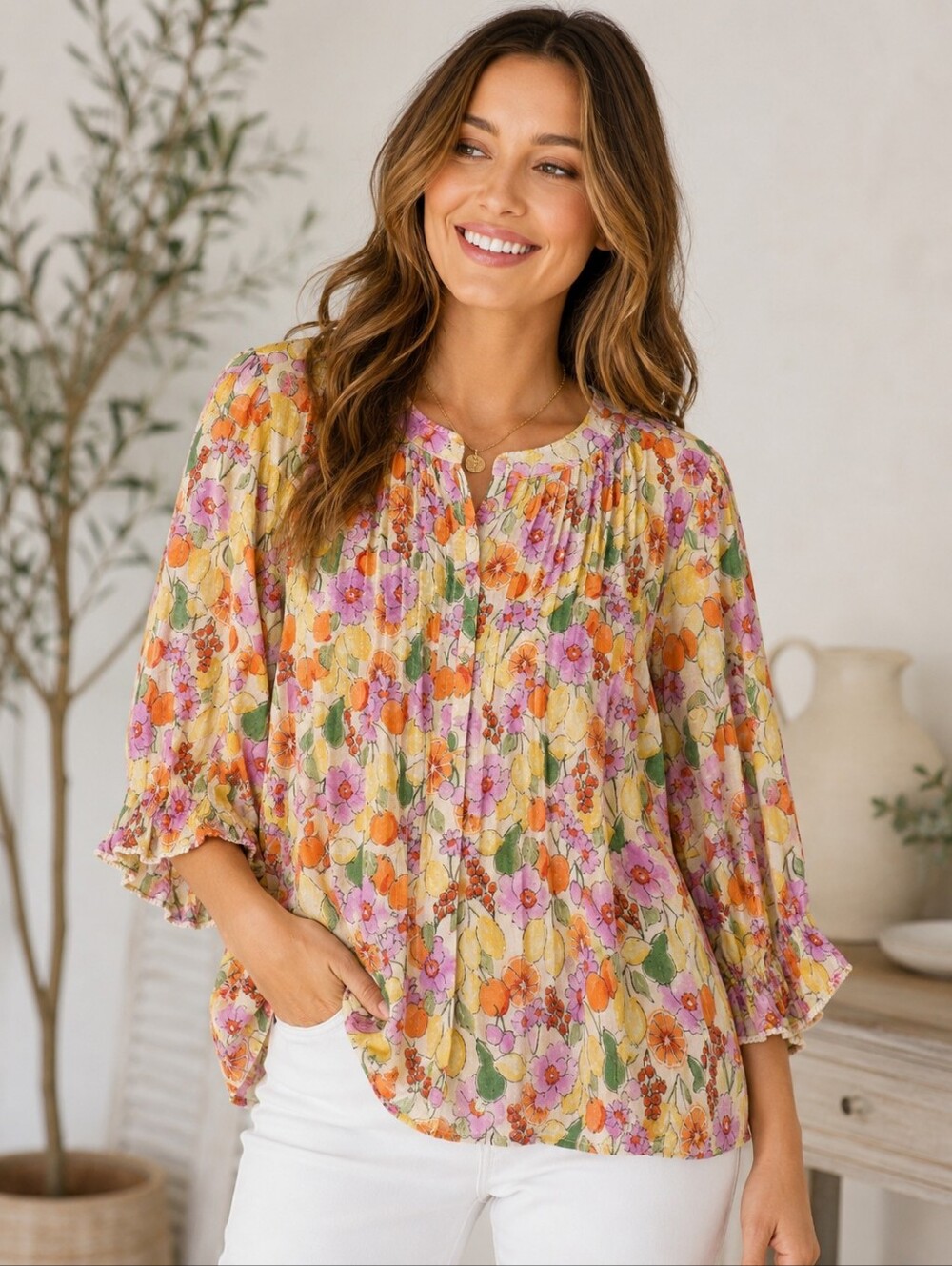 DEMOCRACY Floral Peasant Blouse Womens Plus 1X Cotton Boho NWT Spring Summer Top